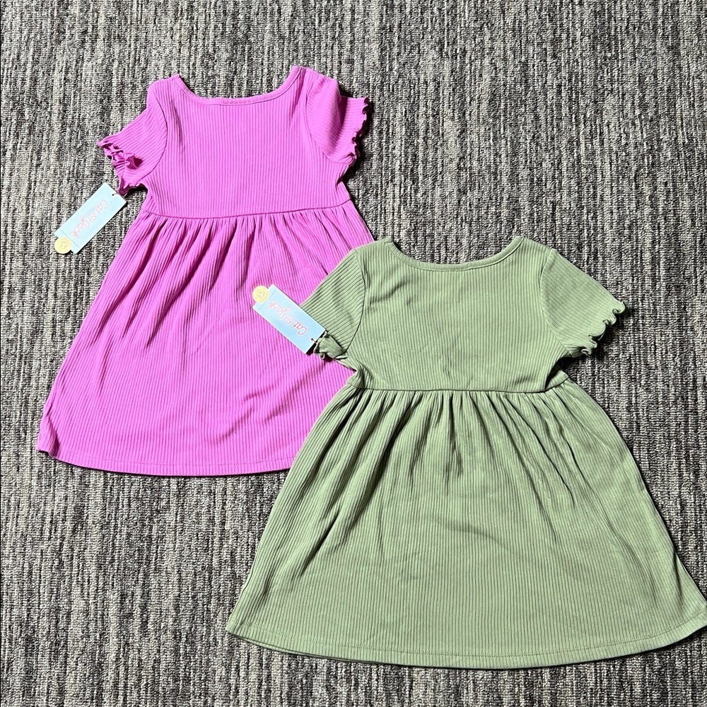 Cat & Jack Ribbed Green and Pink Dresses 2 Pieces Set Size 3T - Picture 5 of 7